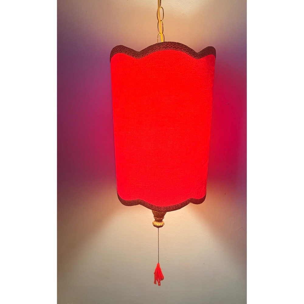 Vintage Red Velvet Swag Lamp Scalloped Gold Trim Tassel Pull Chain Pendant Light